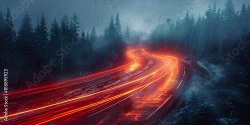 A gothicstyle highway with eerie, glowing light trails, set against a dark, moody background photo