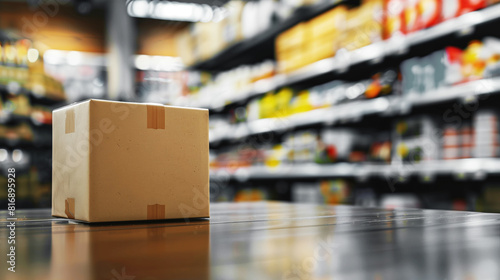 A cardboard package sits on a wooden table in a store with shelves filled with various products in the background, blurred to emphasize the box. photo
