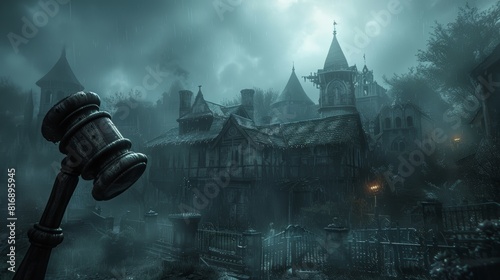 A gothicstyle gavel and dark, eerie houses, with a moody and dramatic atmosphere photo
