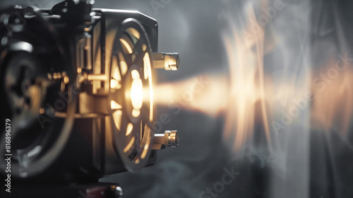 Close-up of a vintage film projector casting light onto a surface, creating an ethereal glow. The image highlights the mechanical details and warm radiance of the projector.