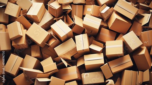 Pile of various sized cardboard boxes creating a chaotic yet organized scene, ideal for concepts related to shipping, logistics, or moving. photo