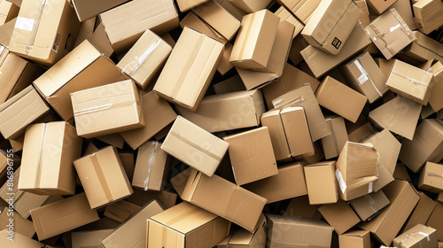 A large pile of various sized cardboard boxes, mostly sealed with tape, commonly used for shipping and packaging purposes. photo