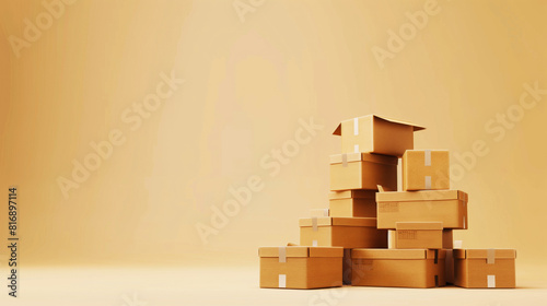 A stack of various sized cardboard boxes arranged on a plain background, suggesting themes of shipping, delivery, moving, storage, and logistics. photo