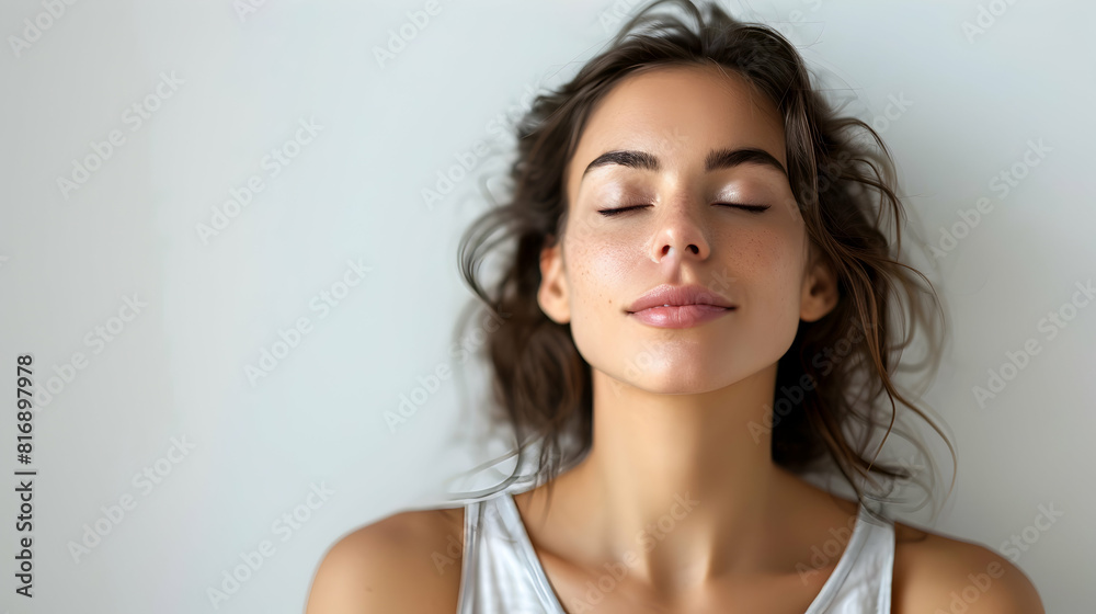 Photo realistic as Relaxed woman isolated on white background concept showcasing calmness, serenity, and peace. Perfect for wellness lifestyle or relaxation themed content Photo realistic as Relaxed woman isolated on white background concept showcasing calmness, serenity, and peace. Perfect for wellness lifestyle or relaxation themed content