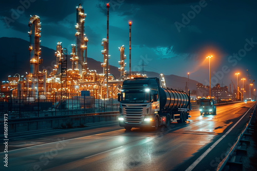 Towering petroleum truck and illuminated oil refinery in a sprawling petrochemical industry estate