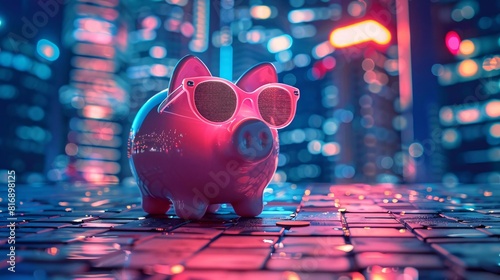 Pink piggy bank with stylish sunglasses on a city rooftop at night photo