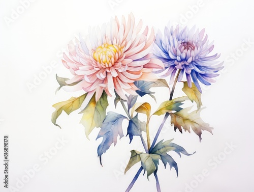 Two watercolor chrysanthemums  one pink and one purple  with green leaves on a white background.
