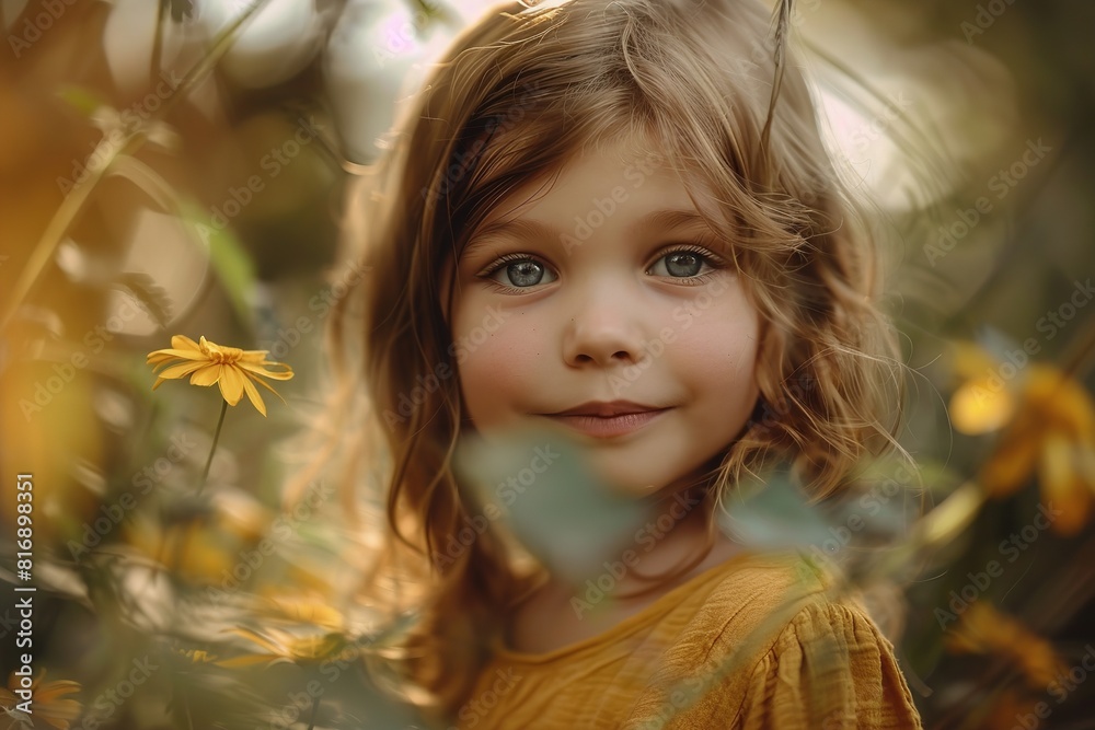 A young girl is standing in a vast field filled with colorful flowers under the bright sun