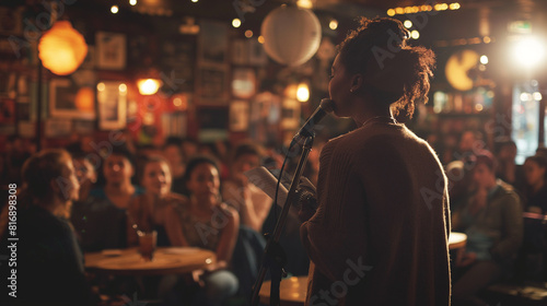 expressive image of a young person performing poetry with a captivated audience