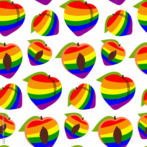 Pattern of peaches painted in all the colors of the rainbow. Colorful fruits individually. Whole and halves in different poses. LGBT symbol. Suitable for website, blog, product packaging, home decor