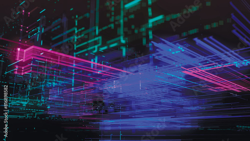 Abstract digital technology tunnel. Abstract futuristic sci-fi tunnel with particles and lines mesh. Connection and connections concept. Big data. 3D vector illustration.