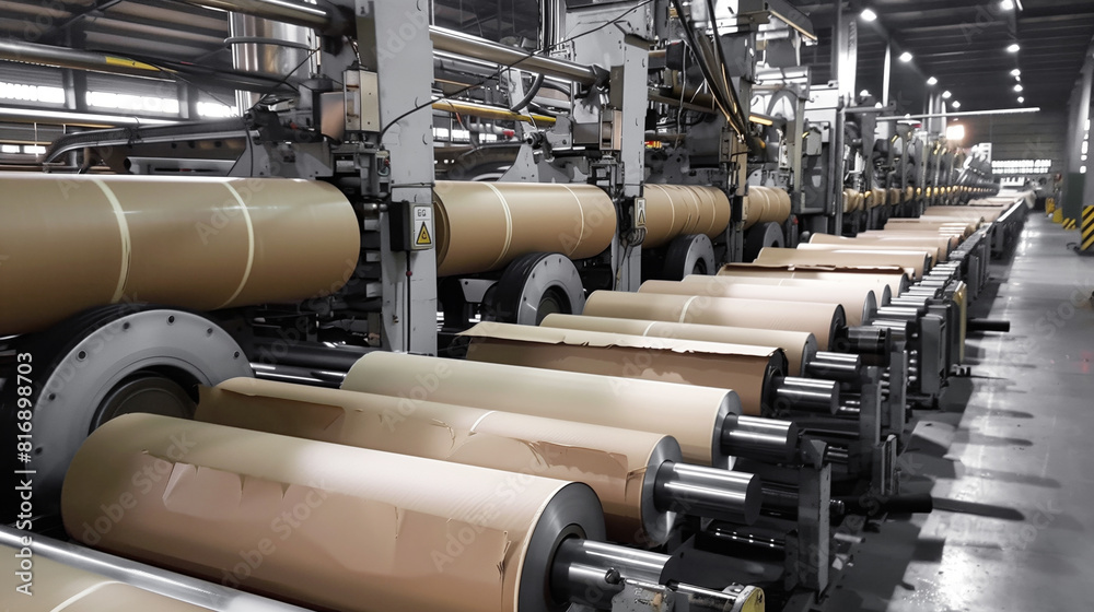 A modern industrial facility with large paper rolls on a production line. The machinery is processing and rolling the paper in a high-tech environment. A modern industrial facility with large paper rolls on a production line. The machinery is processing and rolling the paper in a high-tech environment.