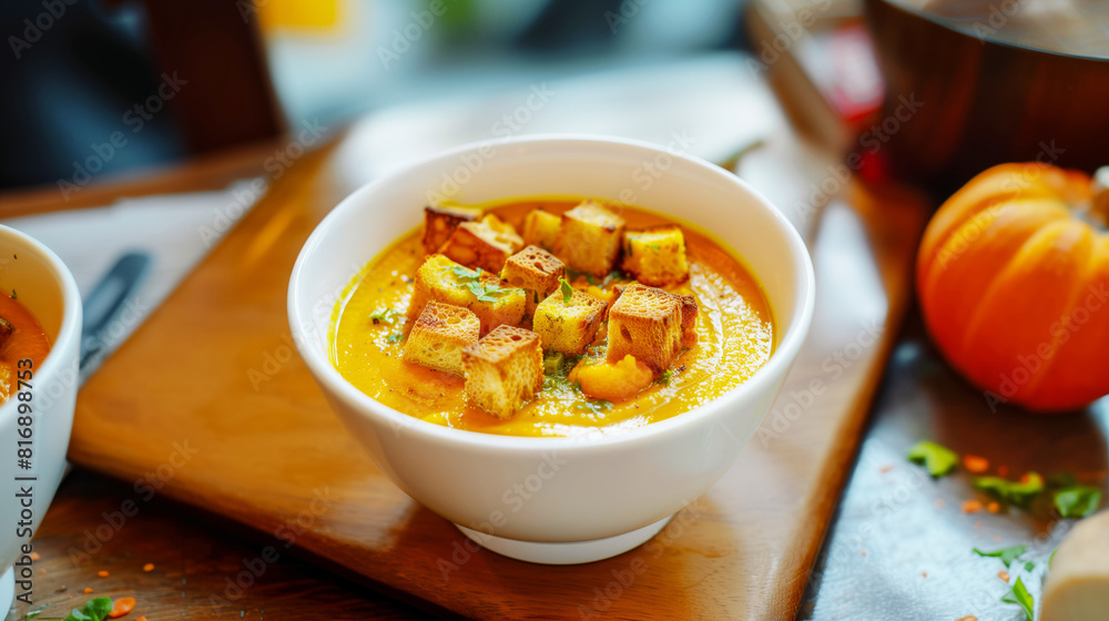 A bowl of creamy pumpkin soup garnished with croutons and herbs, presented on a wooden surface with a small pumpkin in the background.