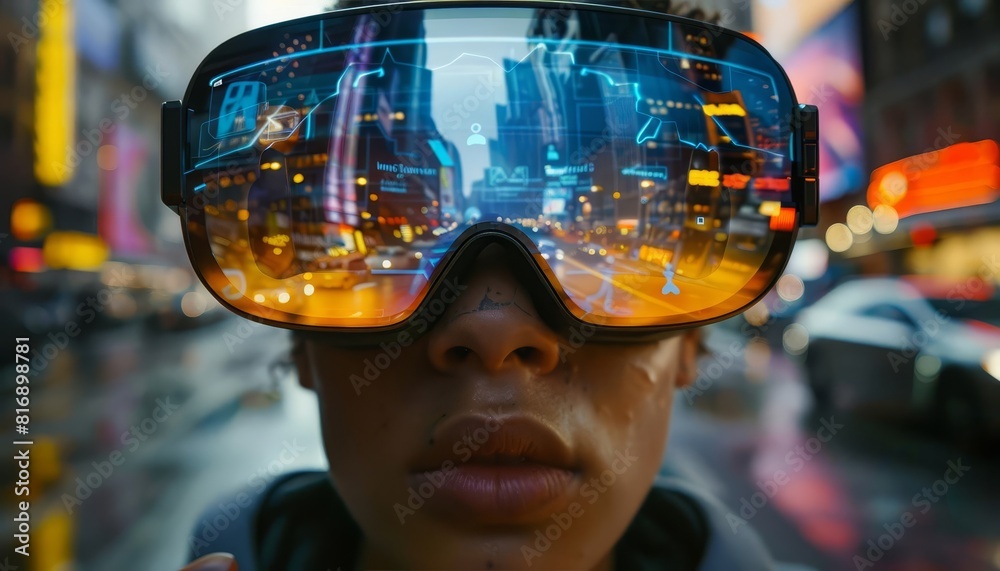 A user wearing augmented reality glasses, interacting with virtual objects that overlay a bustling city street scene, Close up