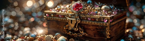A treasure chest overflowing with jewels and coins, with a ruby amulet prominently displayed on top, as if guarding the treasures within, Close up