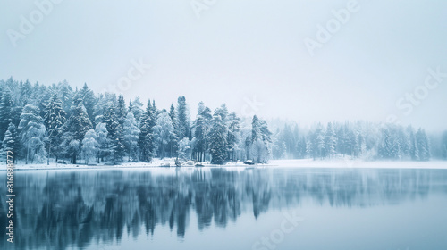 Foggy Winter Forest Landscape with Misty Lake photo