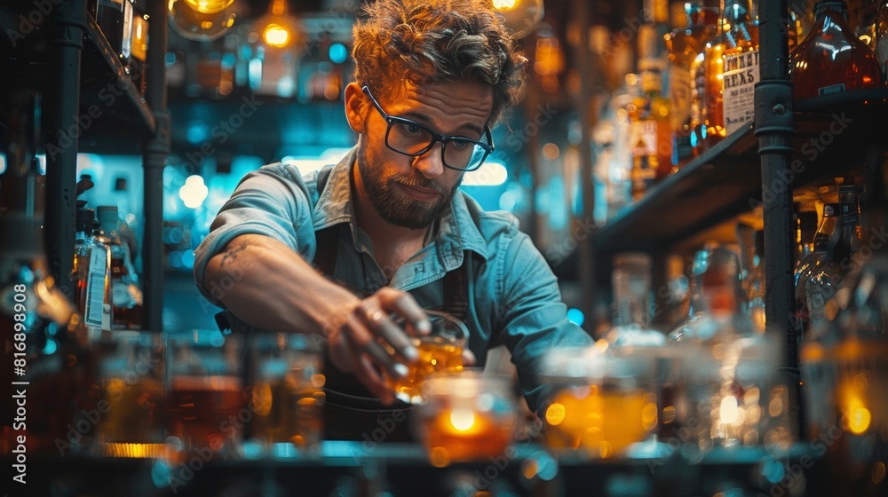 Modern bartender with hipster vibes mixes a drink in an ambient bar setting Modern bartender with hipster vibes mixes a drink in an ambient bar setting