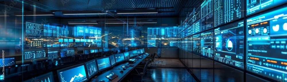 A virtual control room where operators use digital twins to manage a network of renewable energy sources, optimizing output and predicting maintenance, Close up A virtual control room where operators use digital twins to manage a network of renewable energy sources, optimizing output and predicting maintenance, Close up