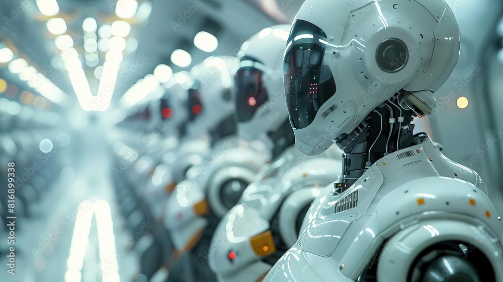 Fototapeta premium An AI research facility where robots are being trained to perform complex tasks, showcasing the integration of robotics and AI learning, Close up