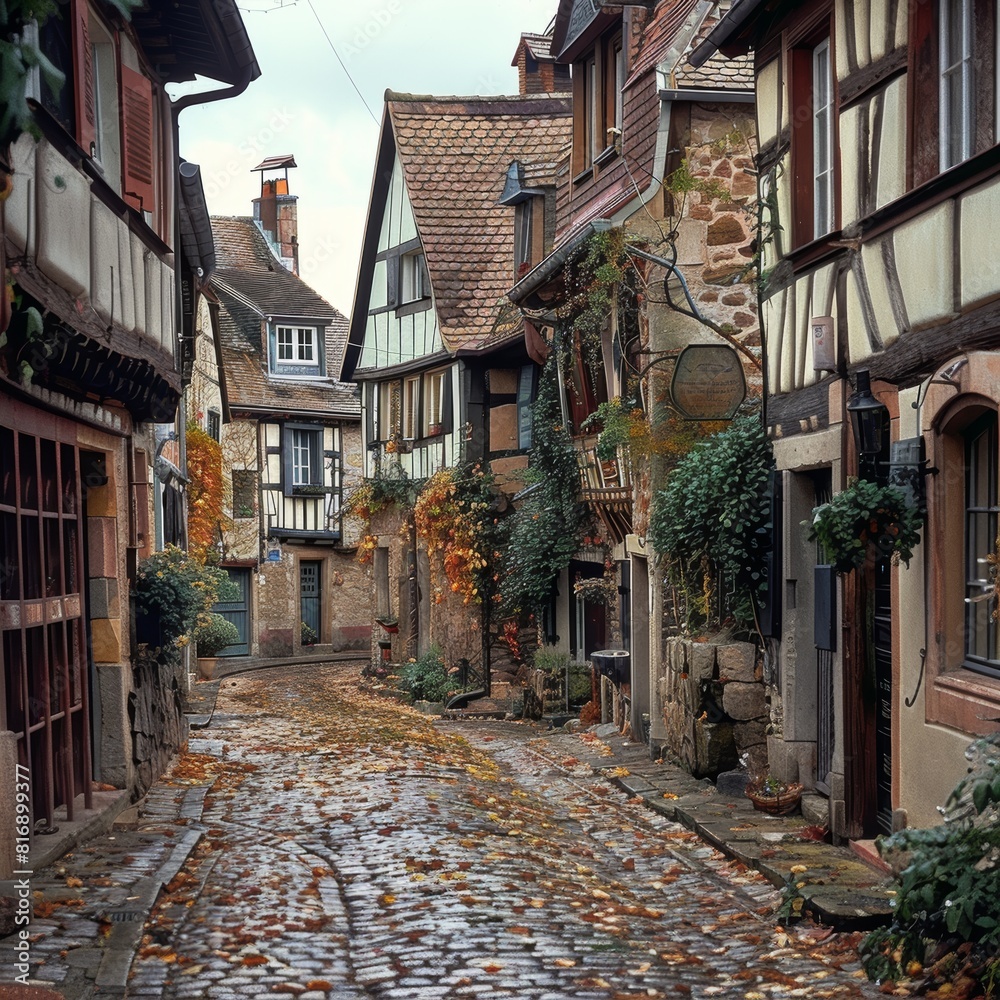 A cobblestone street in a historic European town, with charming old buildings A cobblestone street in a historic European town, with charming old buildings