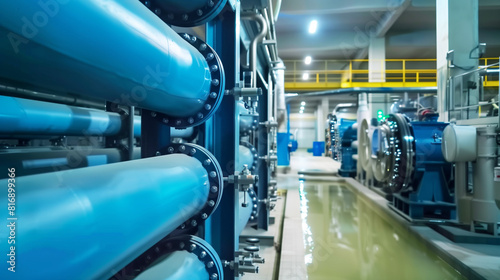 Industrial water treatment facility with large blue pipes and high-tech machinery. The equipment is arranged in a modern, clean, and well-lit environment.