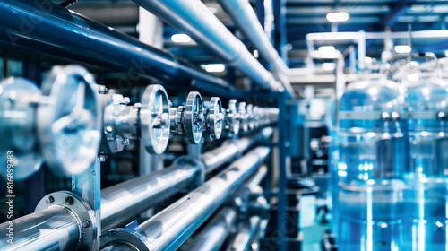 Close-up view of industrial metal pipes and valves in a modern manufacturing facility, indicating a complex system for fluid transport or chemical processing.