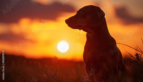 An artistic silhouette of a dachshund against a sunset, its distinctive profile outlined by the fading light of the evening, Close up