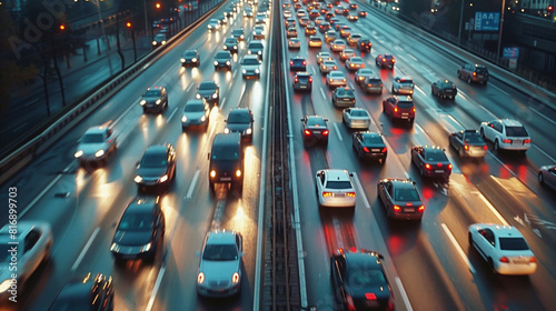 Evening traffic on a busy multi-lane highway with numerous cars and vehicles. The wet road reflects vehicle headlights and taillights, adding a dynamic feel. © Natalia