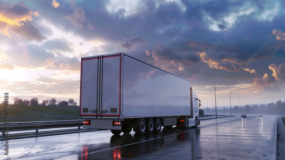 A large white cargo truck driving on a wet highway at sunset with dramatic clouds in the sky, conveying themes of transportation and logistics. A large white cargo truck driving on a wet highway at sunset with dramatic clouds in the sky, conveying themes of transportation and logistics.