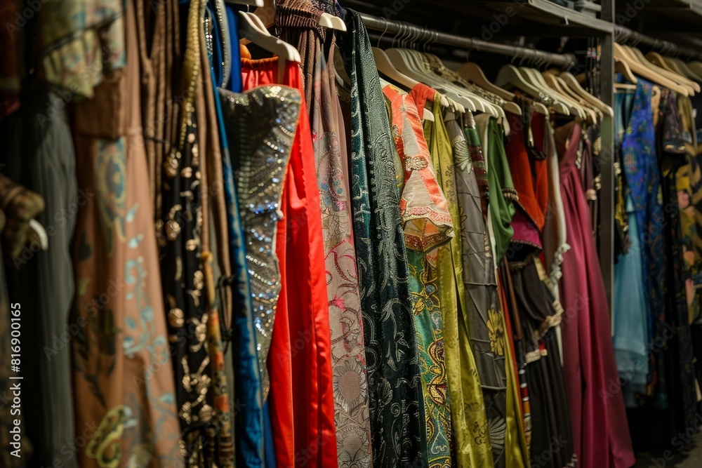 Closeup of a vibrant selection of dresses hanging on a store rack, showcasing diverse patterns and fabrics