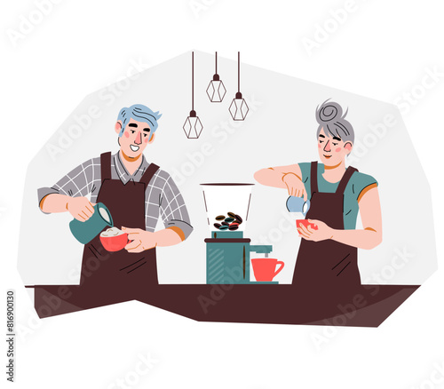 Coffee shop staff, barista - man and woman making coffee, flat vector illustration isolated on white background. Coffee house emblem or design element.
