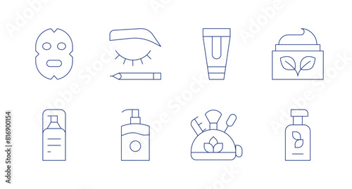 Cosmetics icons. Editable stroke. Containing foam  makeup  mask  lotion  bbcream  eyebrow  cream.