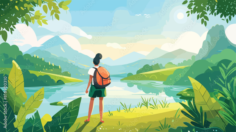 Girl explore a scenic park with a river mountains enj