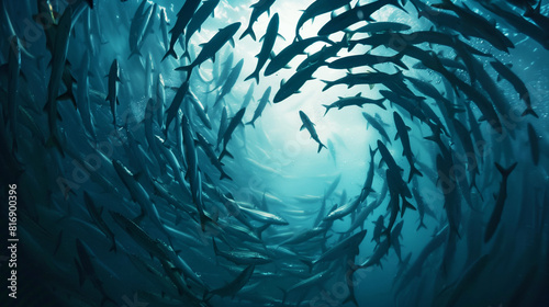 An underwater view of a school of fish swimming in a vortex formation, creating a dynamic and captivating aquatic scene.
