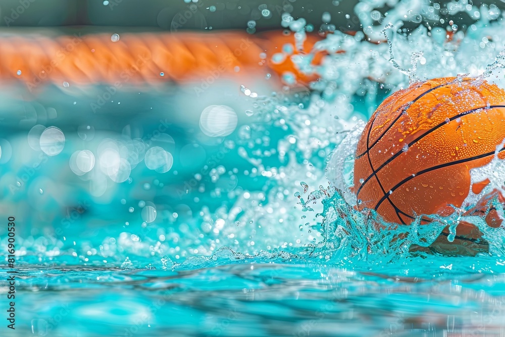 Splashing water around orange basketball in blue pool Splashing water around orange basketball in blue pool