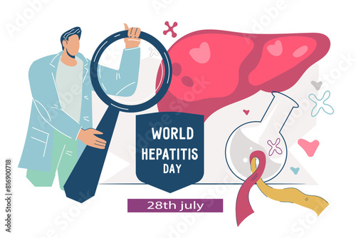 Hepatitis World Awareness Day flyer or web banner, presentation page template, flat vector illustration. Hepatitis medical information, liver health and preventing hepatitis disease.