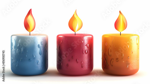 A set of candles in 3D flat cartoon style, symbolizing home ambiance decor and relaxation. Ideal for interior design and lifestyle themes on a white background. photo