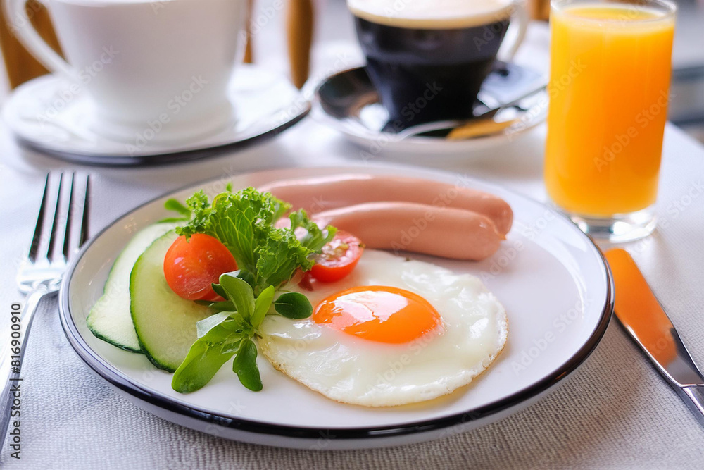 Plate of food with eggs, sausage, tomatoes, and orange juice on a table Plate of food with eggs, sausage, tomatoes, and orange juice on a table