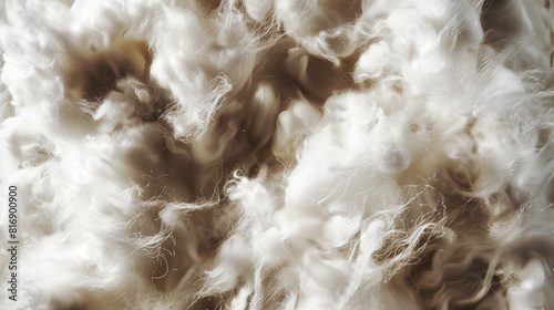 Close-up of fluffy white wool fibers with a soft, ethereal texture. The image highlights the natural, airy, and delicate qualities of the material.