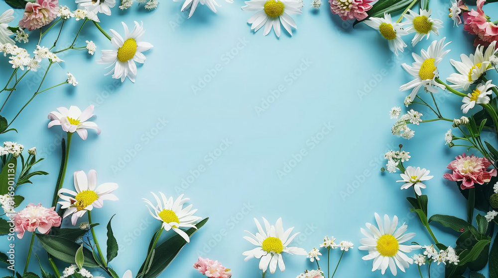 Frame of various fresh flowers including daisies and baby's breath on a light blue background. The floral arrangement forms a border, leaving empty space in the center. Frame of various fresh flowers including daisies and baby's breath on a light blue background. The floral arrangement forms a border, leaving empty space in the center.