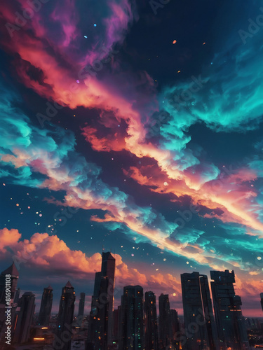 Futuristic Cloudscape, Colorful Spiral Clouds with Sci-Fi Elements in D Rendering © xKas