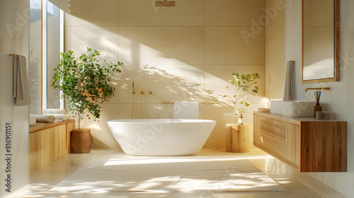 Modern design spacious bathroom with bathtub  wash basin  potted tree and towels. Interior decoration of the room with natural light from the window. Illustration for interior design or presentation.