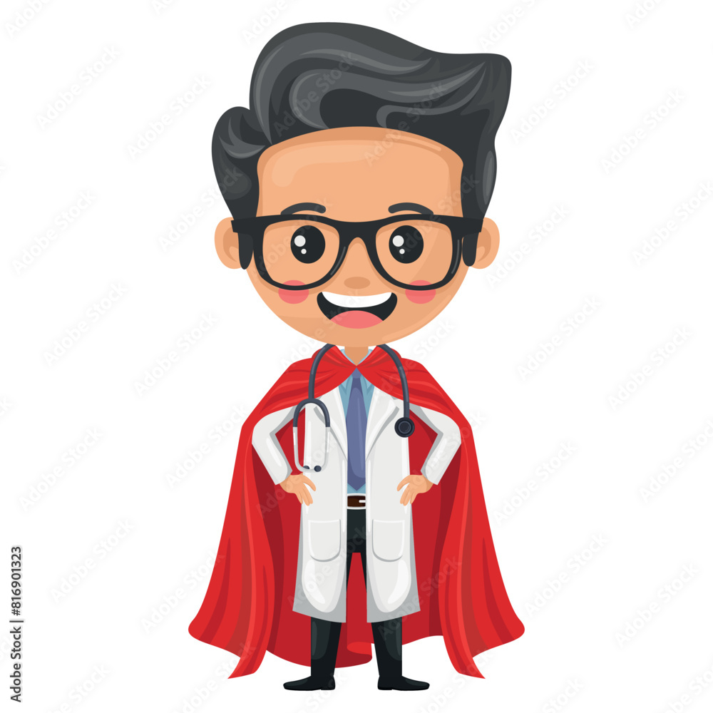 Doctor hero cartoon character with a stethoscope wearing his superhero cape. Health superhero fighting virus and diseases. Health and medicine concept. Research, science and technology in health Doctor hero cartoon character with a stethoscope wearing his superhero cape. Health superhero fighting virus and diseases. Health and medicine concept. Research, science and technology in health
