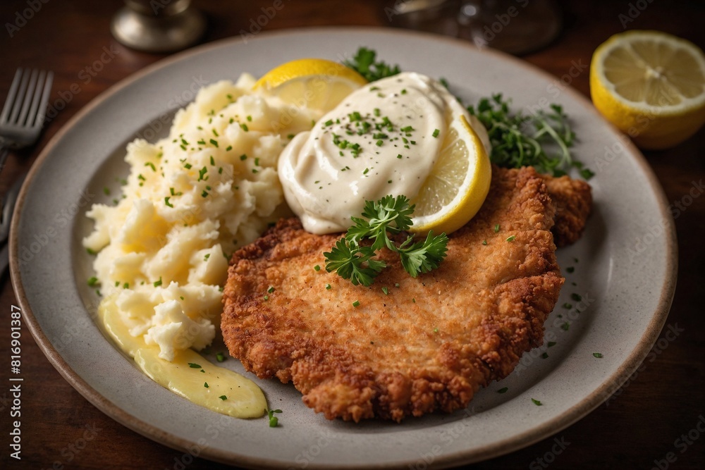 Crispy Pork Schnitzel, A golden-brown pork schnitzel served with a wedge of lemon and a side of creamy mashed potatoes Crispy Pork Schnitzel, A golden-brown pork schnitzel served with a wedge of lemon and a side of creamy mashed potatoes