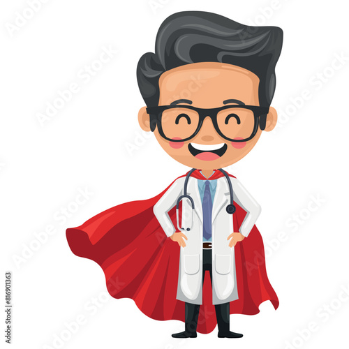 Cartoon happy doctor hero with a stethoscope wearing his superhero cape. Health superhero fighting virus and diseases. Health and medicine concept. Research, science and technology in health