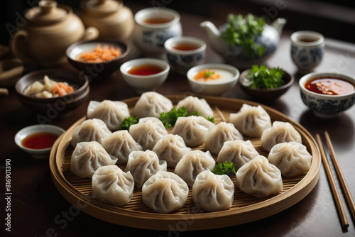 Pork Dumplings, A plate of perfectly steamed pork dumplings arranged in a circular pattern, accompanied by a small bowl of dipping sauce