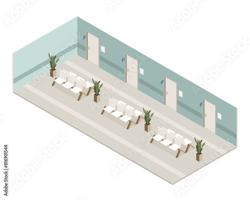Vector isometric low poly minimalistic medical clinic interior with various furniture. Modern vector illustration. Hospital adjoining space, waiting area near doctor's offices. 