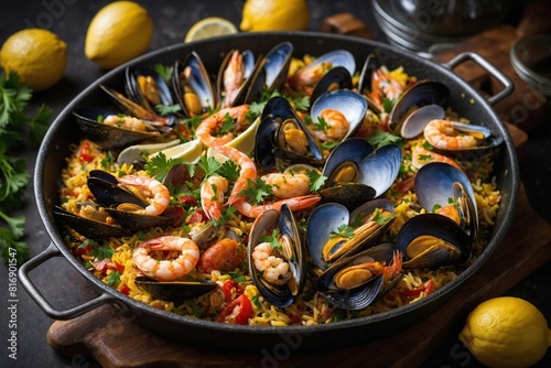 Seafood Paella, A vibrant and colorful pan of seafood paella loaded with mussels, shrimp, clams, and chorizo, garnished with fresh parsley and lemon wedges