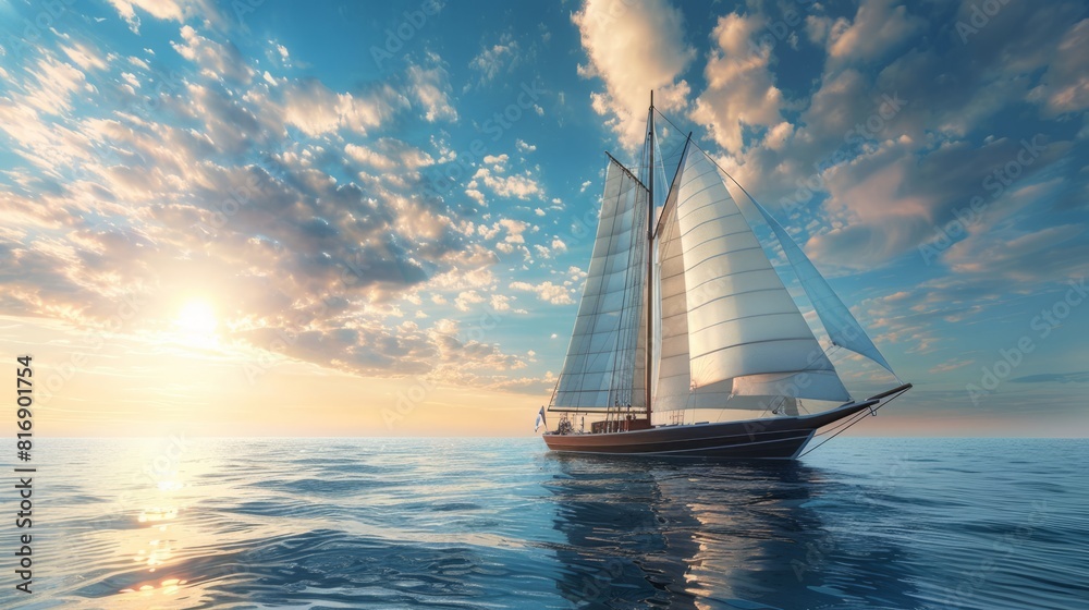 Fototapeta premium A large sailboat is sailing in the ocean on a sunny day