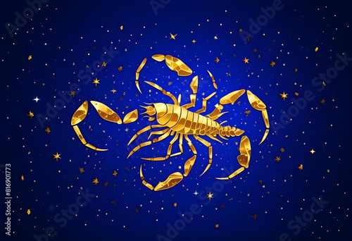 Silver confetti in the shape of a golden Scorpio constellation on a blue background